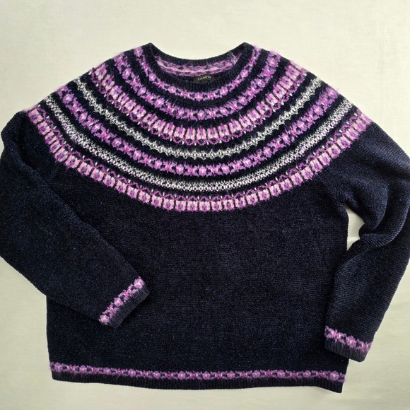 Talbots Sweaters - Talbots Fair Isle  Pullover Sweater L Navy Purple Metallic Shimmer Crewneck